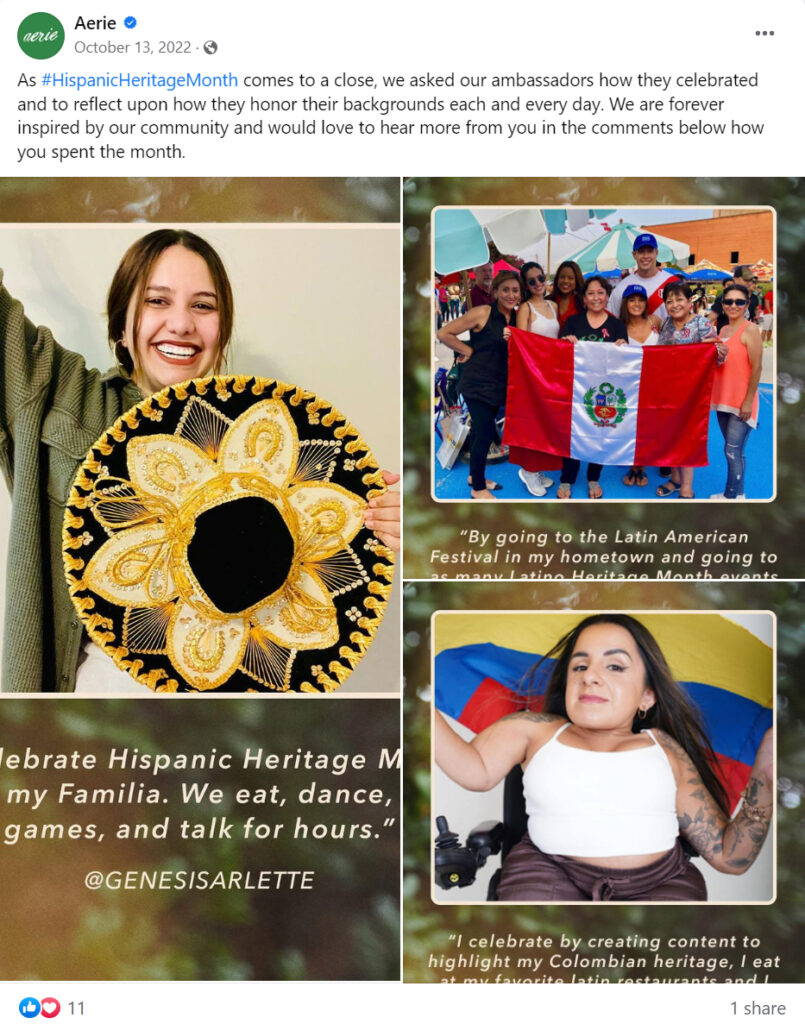 Capture d'écran d'une publication facebook, il y a 3 photos montrant des femmes hispaniques, sur la 1ère une femme tenant un chapeau noir avec une étoile jaune, la 2ème un groupe de femme tenant un drapeau et la 3ème une personne en situation de handicap tenant un drapeau derrière elle.
