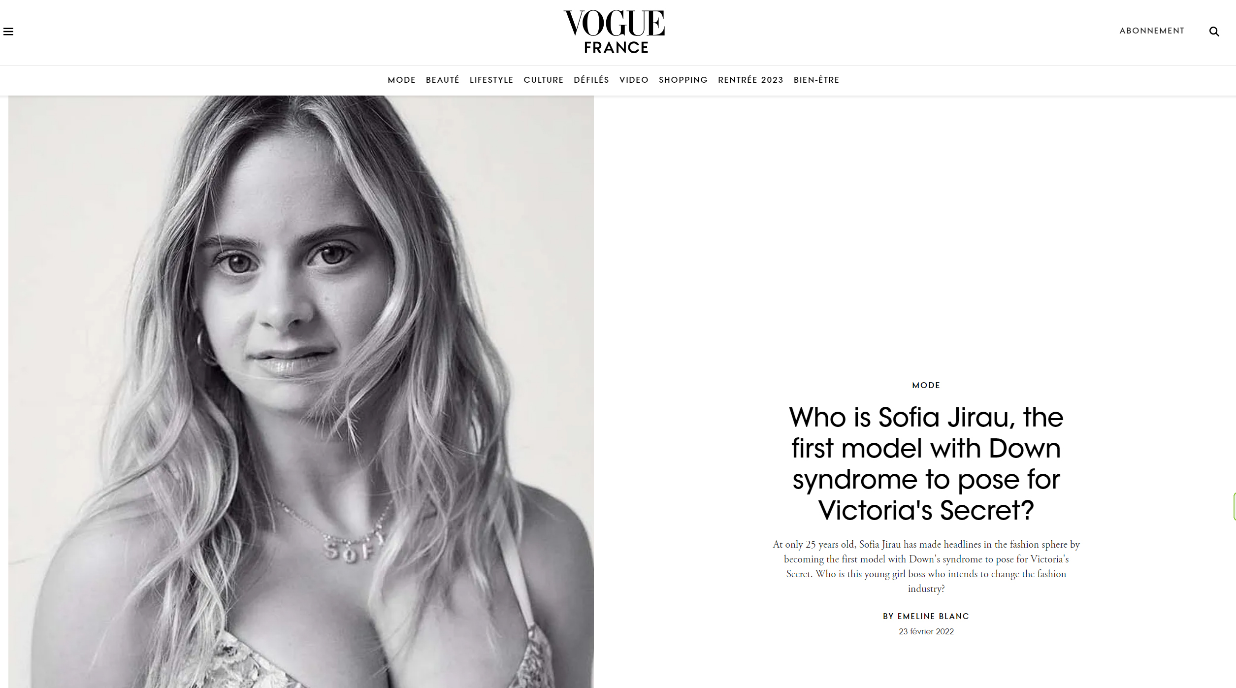 capture d écran de l'article avec le modèle sofia jirau